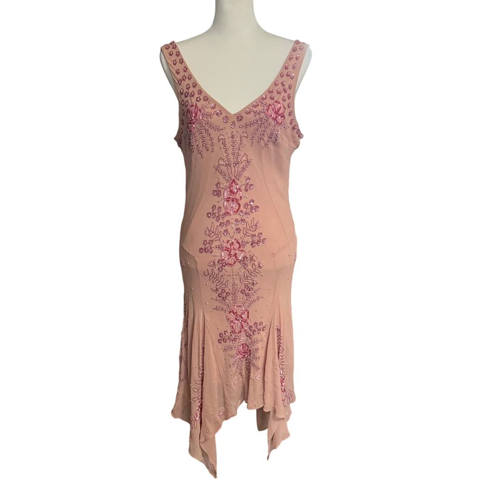 Vintage Sue Wong Pink Beaded Silk Asymmetrical Hem Fairy Dress Size 14